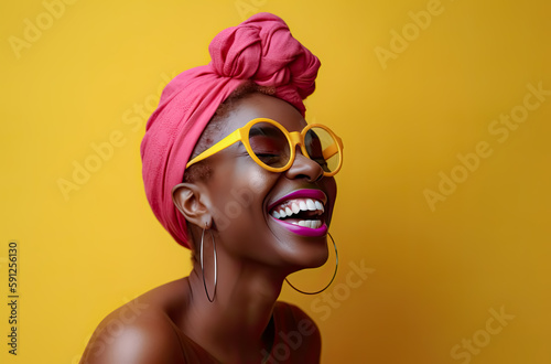 Happy African woman laughing over colorful background. Generative AI.
