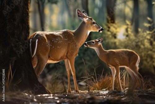 White-Tailed Deer Licks Her Fawn. AI generated Fototapet