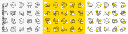 Payment card terminal, bankrupt and contactless pay set. Credit card line icons. Bank atm exchange, cut credit card and CVV code line icons. POS terminal, online bank payment, wallet. Vector