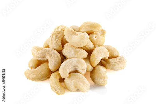Roasted Cashew nuts isolated on white background with full depth of field. Close-up.