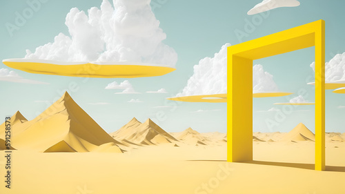 3d render  Surreal desert landscape with white clouds going into the yellow square portals on sunny day. Modern minimal abstract background