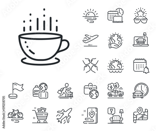 Hot tea drink sign. Plane jet, travel map and baggage claim outline icons. Coffee cup line icon. Hotel service symbol. Coffee cup line sign. Car rental, taxi transport icon. Place location. Vector