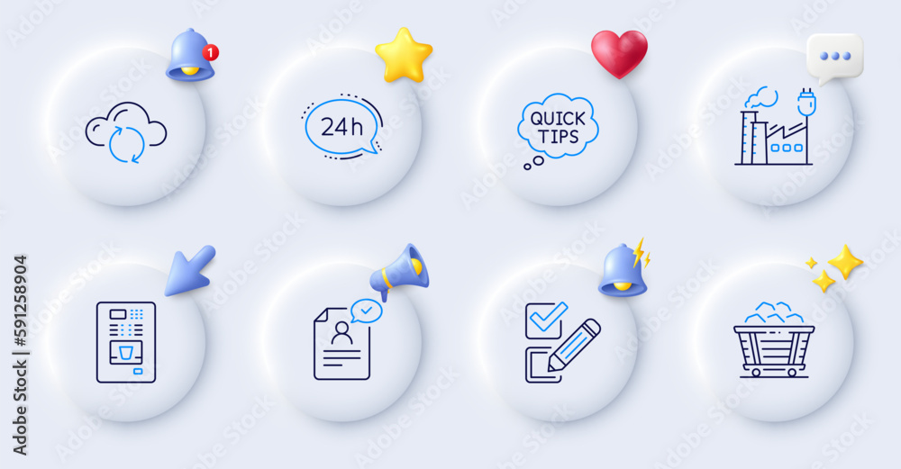 24h service, Coal trolley and Coffee vending line icons. Buttons with 3d bell, chat speech, cursor. Pack of Factory, Cloud sync, Quick tips icon. Resume document, Checkbox pictogram. Vector 24h service, Coal trolley and Coffee vending line icons. Buttons with 3d bell, chat speech, cursor. Pack of Factory, Cloud sync, Quick tips icon. Resume document, Checkbox pictogram. Vector