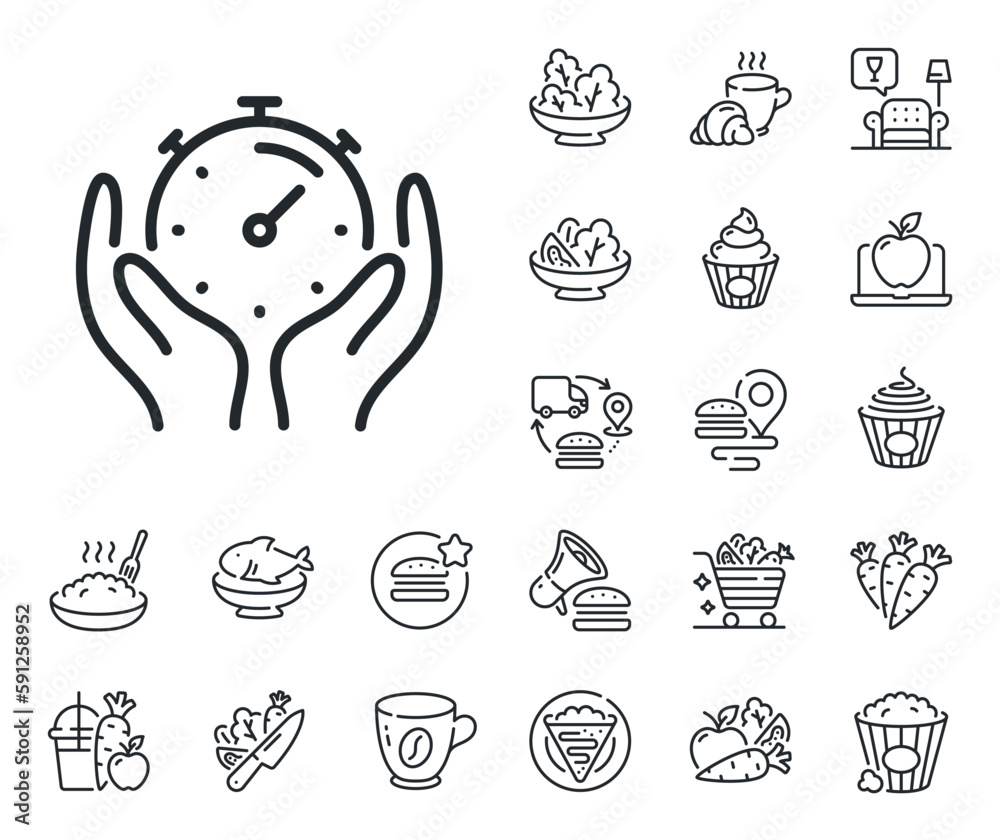Time management sign. Crepe, sweet popcorn and salad outline icons. Timer line icon. Stopwatch symbol. Timer line sign. Pasta spaghetti, fresh juice icon. Supply chain. Vector