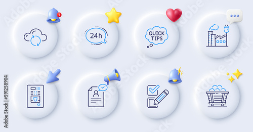 24h service, Coal trolley and Coffee vending line icons. Buttons with 3d bell, chat speech, cursor. Pack of Factory, Cloud sync, Quick tips icon. Resume document, Checkbox pictogram. Vector
