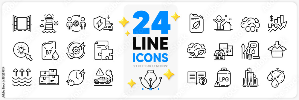 Icons set of New house, Strategy and Diesel canister line icons pack for app with Open door, Charging time, Floor plan thin outline icon. Skyscraper buildings, Help, Co2 pictogram. Vector Icons set of New house, Strategy and Diesel canister line icons pack for app with Open door, Charging time, Floor plan thin outline icon. Skyscraper buildings, Help, Co2 pictogram. Vector