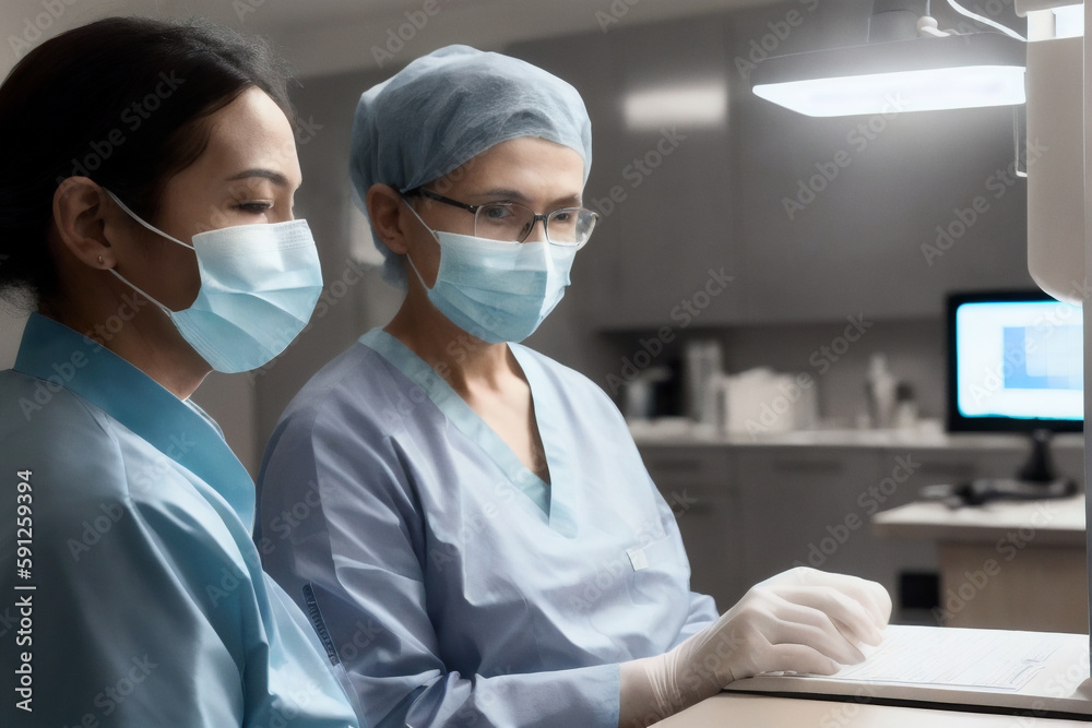 Portrait Of Surgeon wearing in sterile gloves, blue surgical uniform In the Modern Operating Theater in a clinic. Generative AI Portrait Of Surgeon wearing in sterile gloves, blue surgical uniform In the Modern Operating Theater in a clinic. Generative AI