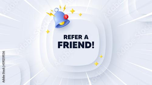 Refer a friend tag. Neumorphic banner with sunburst. Referral program sign. Advertising reference symbol. Refer friend message. Banner with 3d reminder bell. Circular neumorphic template. Vector