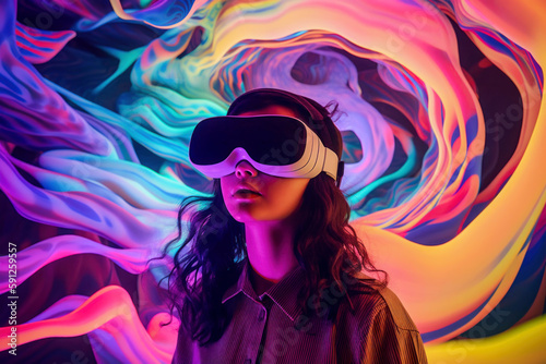 Portrait of a fictional young woman wearing a virtual reality headset on a background with neon colored swirls, psychic waves. Concept of metaverse, technology, and innovation.