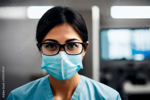 Portrait Of Surgeon wearing in sterile gloves, blue surgical uniform In the Modern Operating Theater in a clinic. Generative AI