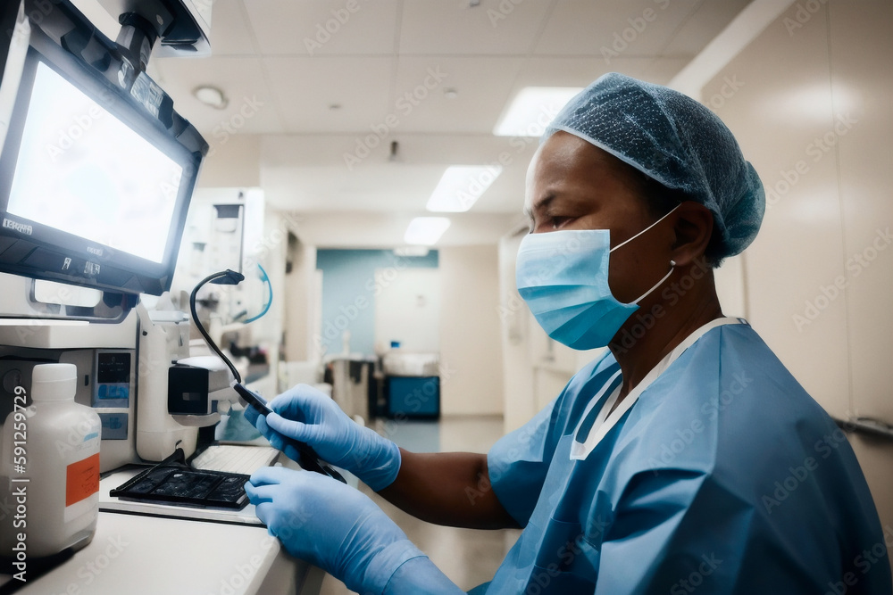 Portrait Of Surgeon wearing in sterile gloves, blue surgical uniform In the Modern Operating Theater in a clinic. Generative AI Portrait Of Surgeon wearing in sterile gloves, blue surgical uniform In the Modern Operating Theater in a clinic. Generative AI