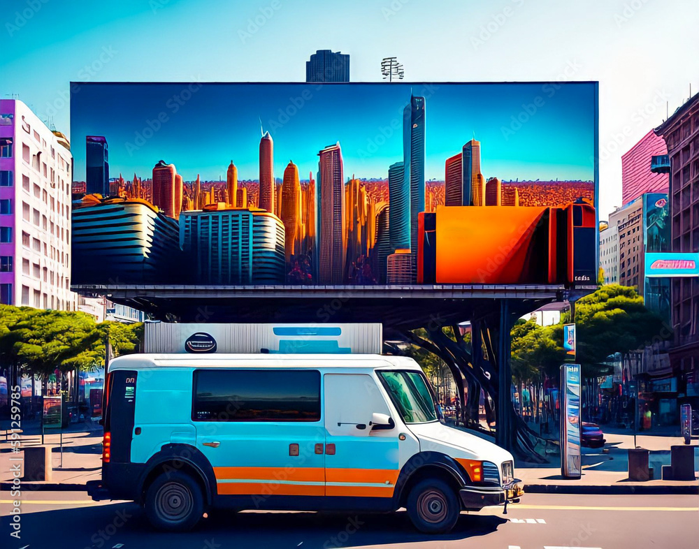 Van is parked in front of a billboard that says Van is parked in front of a billboard that says