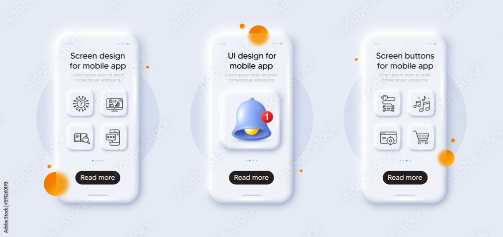 Music, Phone password and Seo targeting line icons pack. 3d phone mockups with bell alert. Glass smartphone screen. Search book, Market sale, Car charge web icon. Vector Music, Phone password and Seo targeting line icons pack. 3d phone mockups with bell alert. Glass smartphone screen. Search book, Market sale, Car charge web icon. Vector