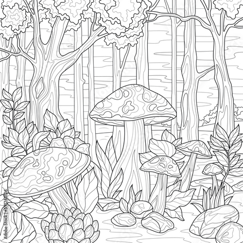 Mushrooms in the forest.Coloring book antistress for children and adults. Illustration isolated on white background.Zen-tangle style. Hand draw