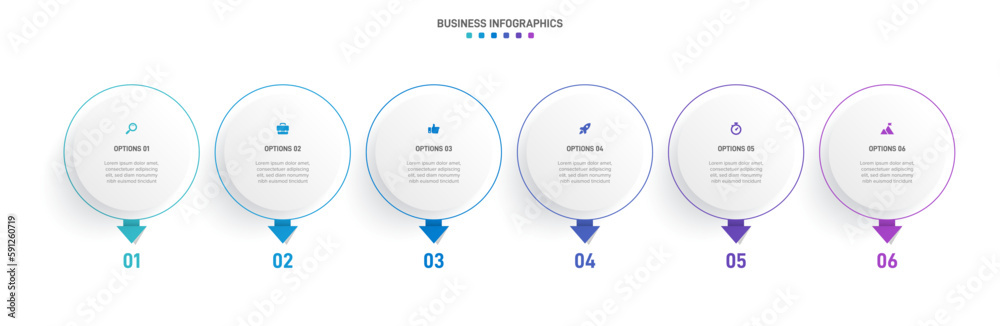 Naklejka premium Timeline infographic with infochart. Modern presentation template with 6 spets for business process. Website template on white background for concept modern design. Horizontal layout.