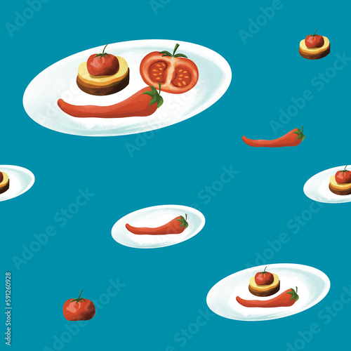 seamless pattern breakfast sandwich, tomato, pepper, on a plate, blue background