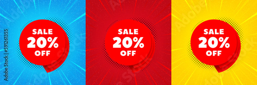 Sale 20 percent off banner. Sunburst offer banner, flyer or poster. Discount sticker shape. Coupon bubble icon. Sale 20 percent promo event banner. Starburst pop art coupon. Special deal. Vector