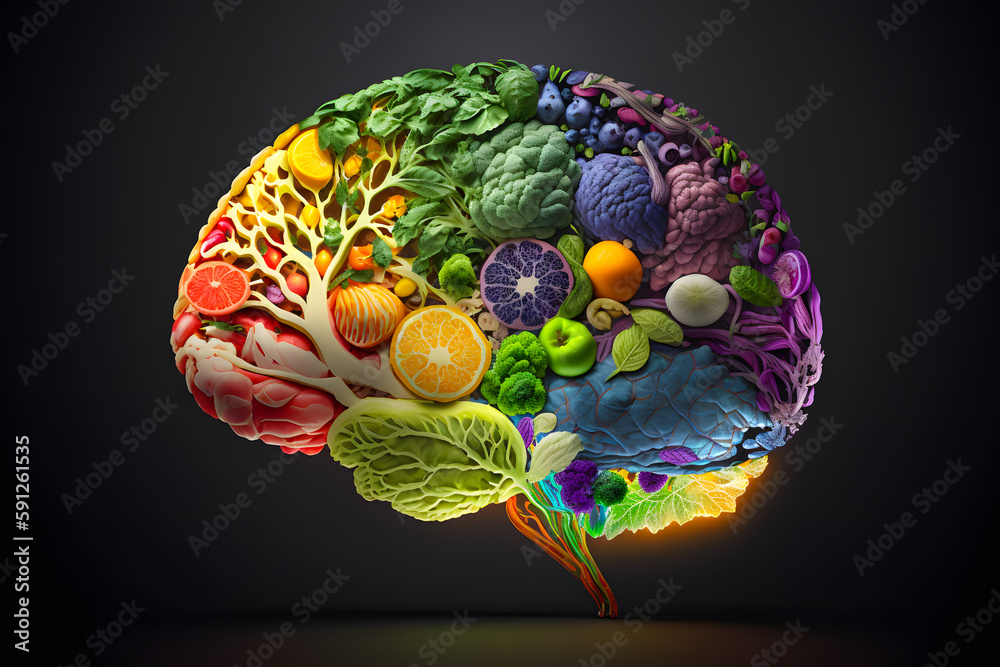 Human brain made of vegetables and healthy foods. Eco healthy brain consciousness concept. Generative AI
