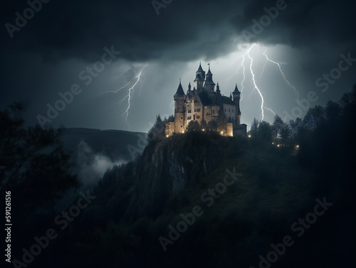 Haunted Castle Hill, Full Moon Night, Spooky Forest, Lightning Strike, Generative AI

