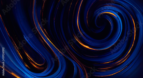The movement of blue lines with gold strokes on a black background 