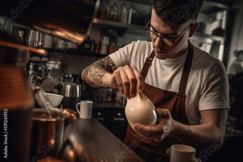Barista makes coffee cup latte art in cozy coffee shop. Generative ai