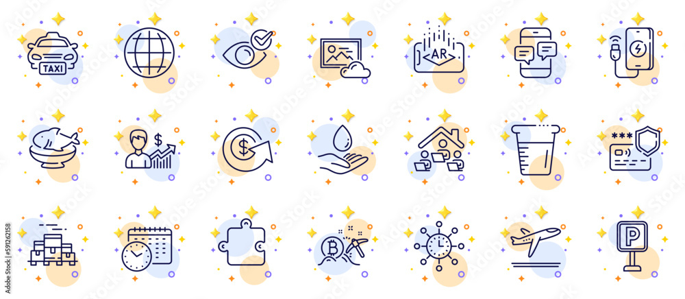 Fototapeta premium Outline set of Phone messages, World time and Seafood line icons for web app. Include Augmented reality, Cooking beaker, Calendar time pictogram icons. Work home, Departure plane. Vector