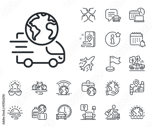 Delivery service sign. Plane jet, travel map and baggage claim outline icons. Global business line icon. Internet marketing symbol. Delivery service line sign. Car rental, taxi transport icon. Vector