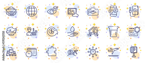 Outline set of Phone messages, World time and Seafood line icons for web app. Include Augmented reality, Cooking beaker, Calendar time pictogram icons. Work home, Departure plane. Vector