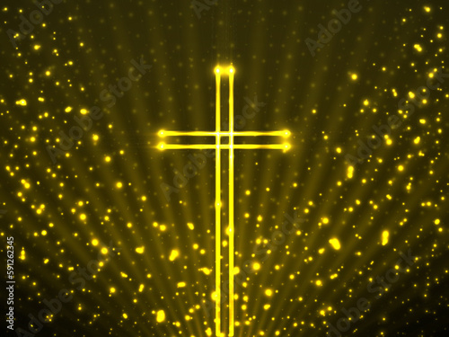 Glowing christian cross on background glitter particles and glowing rays. Religious symbol. Magic backdrop