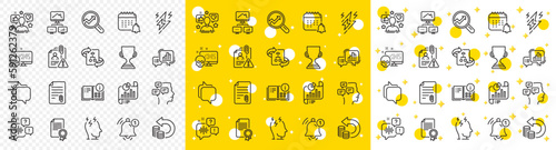Outline Search employee, Graph chart and Voicemail line icons pack for web with Analytics, Lightning bolt, Attachment line icon. Work home, Reminder, Calendar pictogram icon. Vector