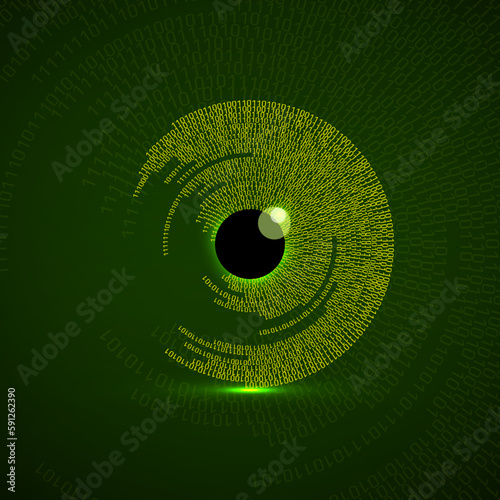 Digital eye with binary code, technology сoncept. Futuristic tech secure surveillance