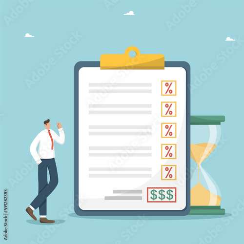 Assessment of the profitability of an investment project, plan-factor analysis of the work of an business, obtaining an interest rate from a bank deposit, man near a cost calculation project document.