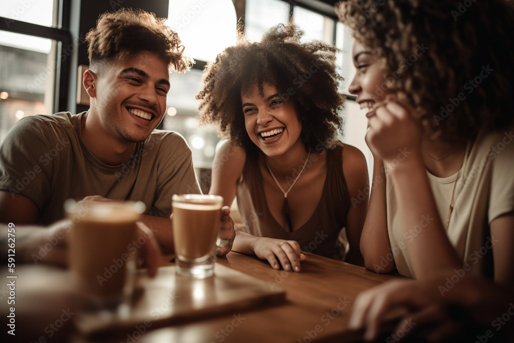Group of friends sitting around a coffee table, laughing and chatting, with a variety of coffee drinks. Generative ai Group of friends sitting around a coffee table, laughing and chatting, with a variety of coffee drinks. Generative ai