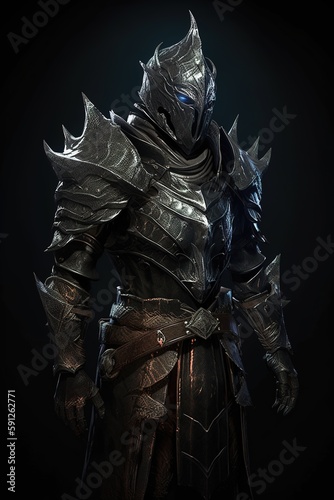dark knight, with black armor, standing against a black background