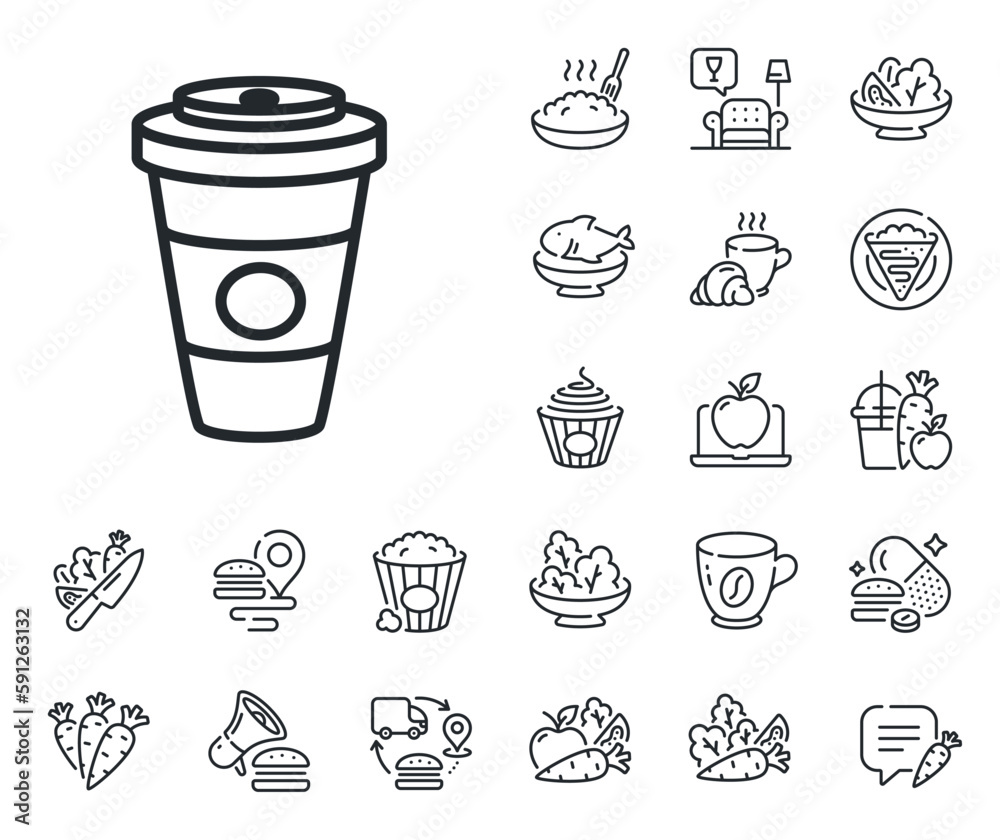 Hot drink sign. Crepe, sweet popcorn and salad outline icons. Takeaway Coffee or Tea line icon. Beverage symbol. Takeaway Coffee line sign. Pasta spaghetti, fresh juice icon. Supply chain. Vector