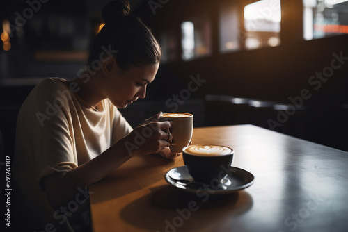 A person enjoying a cup of coffee in a coffee shop, while working on their laptop. Generative ai