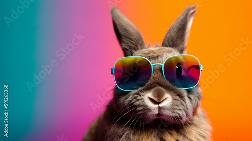 Cool bunny with sunglasses on colorful background. Generative AI © Fancy Imagination