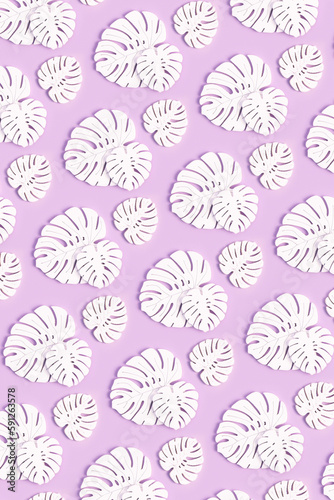 Wooden leaves of monstera plant pattern on pink background. Floral tropic vertical background