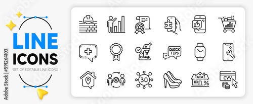 Puzzle game, Web3 and Build line icons set for app include Smartphone repair, Reward, Engineering team outline thin icon. Graph chart, Medical chat, Work home pictogram icon. Shoes. Vector