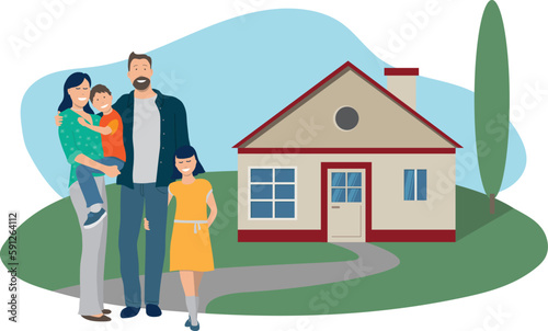 illustration vectorielle en flat design montrant un e famille heureuse devant sa maison dans son jardin