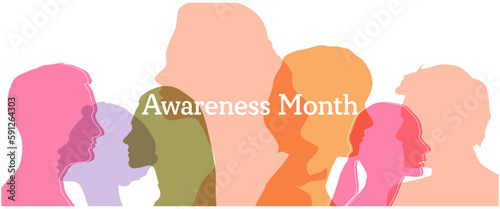 Awareness Month banner with colorful silhouette womens and mens. 