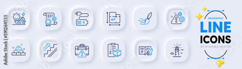 Warning, Parcel checklist and Construction document line icons for web app. Pack of Building energy, Engineering documentation, Construction bricks pictogram icons. Brush, Floor plan. Vector