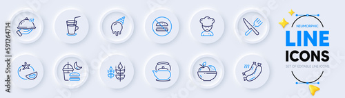 No burger, Tomato and Teapot line icons for web app. Pack of Food, Fruits, Grilled sausage pictogram icons. Ice cream, Restaurant food, Night eat signs. Cocktail, Cooking chef, Gluten free. Vector