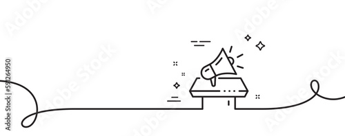 Megaphone line icon. Continuous one line with curl. Advertisement device symbol. Brand ambassador loudspeaker sign. Megaphone single outline ribbon. Loop curve pattern. Vector