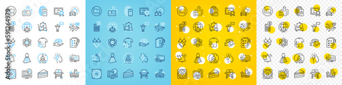 Vector icons set of Wash t-shirt, Cake and Hold box line icons pack for web with Car review, Arena, Leadership outline icon. Certificate, Card, Vip flight pictogram. Dress, 5g internet, Yoga. Vector