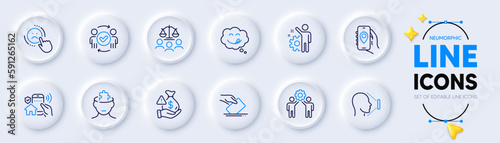 Dislike, Court jury and Yummy smile line icons for web app. Pack of Employee, Bribe, Location app pictogram icons. Employees teamwork, Face id, Mental conundrum signs. House security. Vector