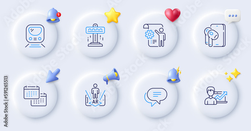 Calendar, Settings blueprint and Success business line icons. Buttons with 3d bell, chat speech, cursor. Pack of Text message, Augmented reality, Attraction icon. Metro, Earphones pictogram. Vector