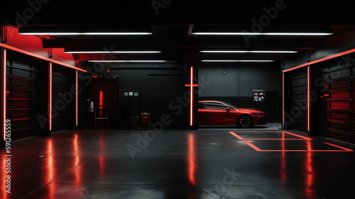 black empty garage with red neon lights. ai generative