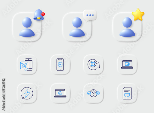 E-mail, Comments and Quiz test line icons. Placeholder with 3d star, reminder bell, chat. Pack of World globe, Food app, Renewable power icon. Phone protection, Online shopping pictogram. Vector
