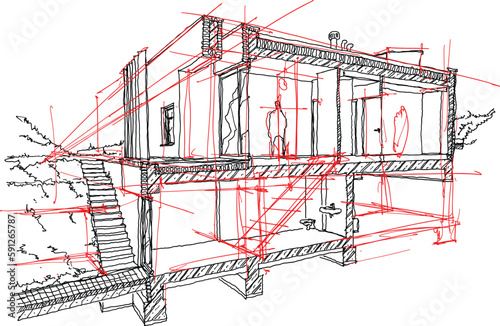 hand drawn architectural sketch of section of modern two story detached house with flat roof and garden